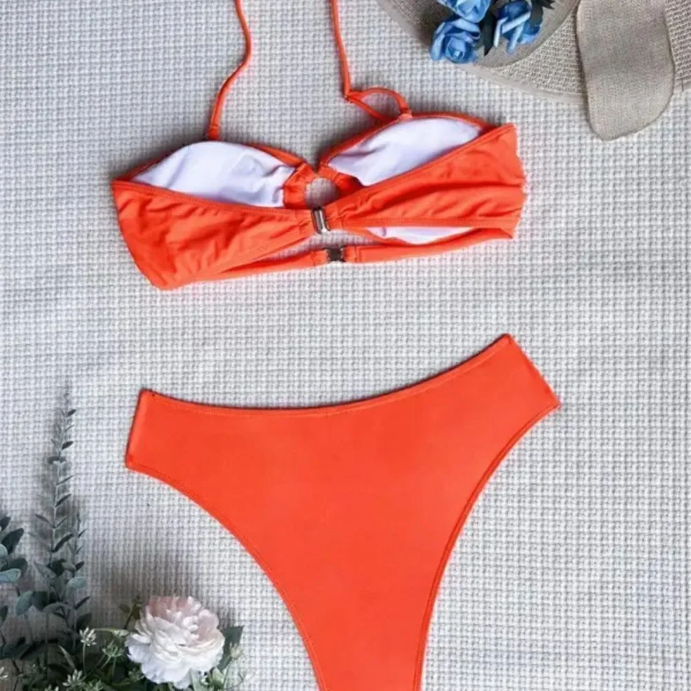 O-Ring Ruched Halter Bikini Set Orange